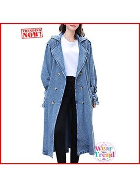 Long Denim Jacket with Belt Button Down Trench Coat Oversized